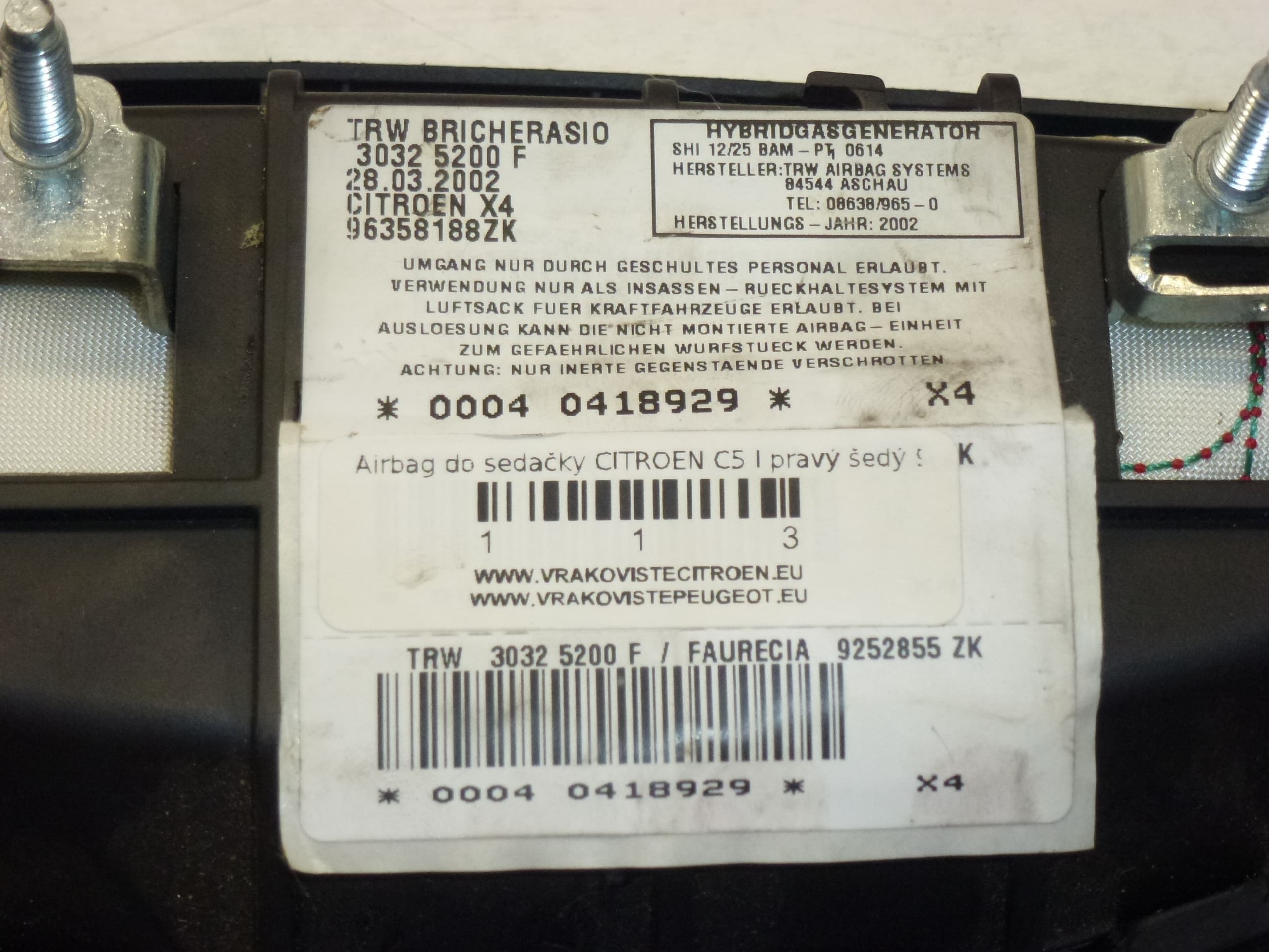 Airbag седалка пътник Citroën C5 96358188ZK 96391352ZK 8216K3 - Image 2